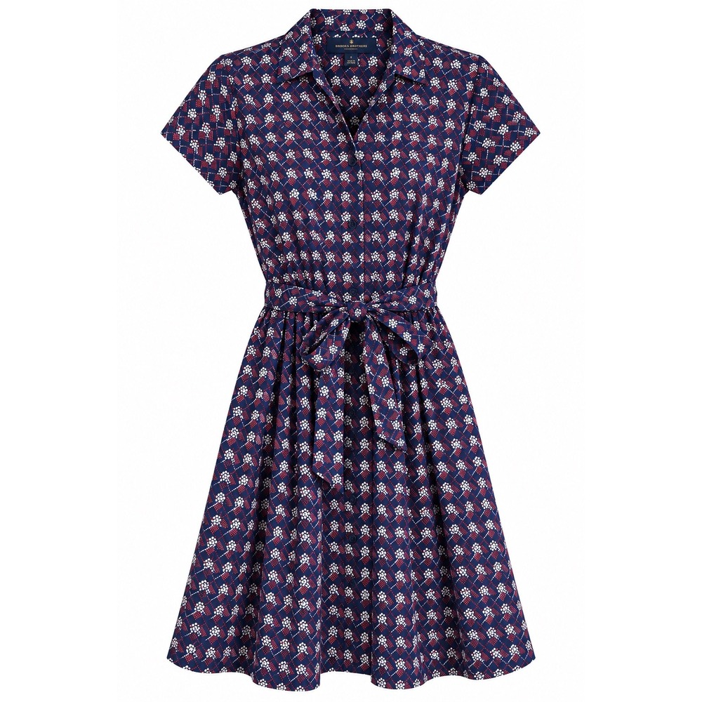 Brooks Brothers Shirt Dress Size 6 Navy Burgundy Cotton Fit Flare Belted